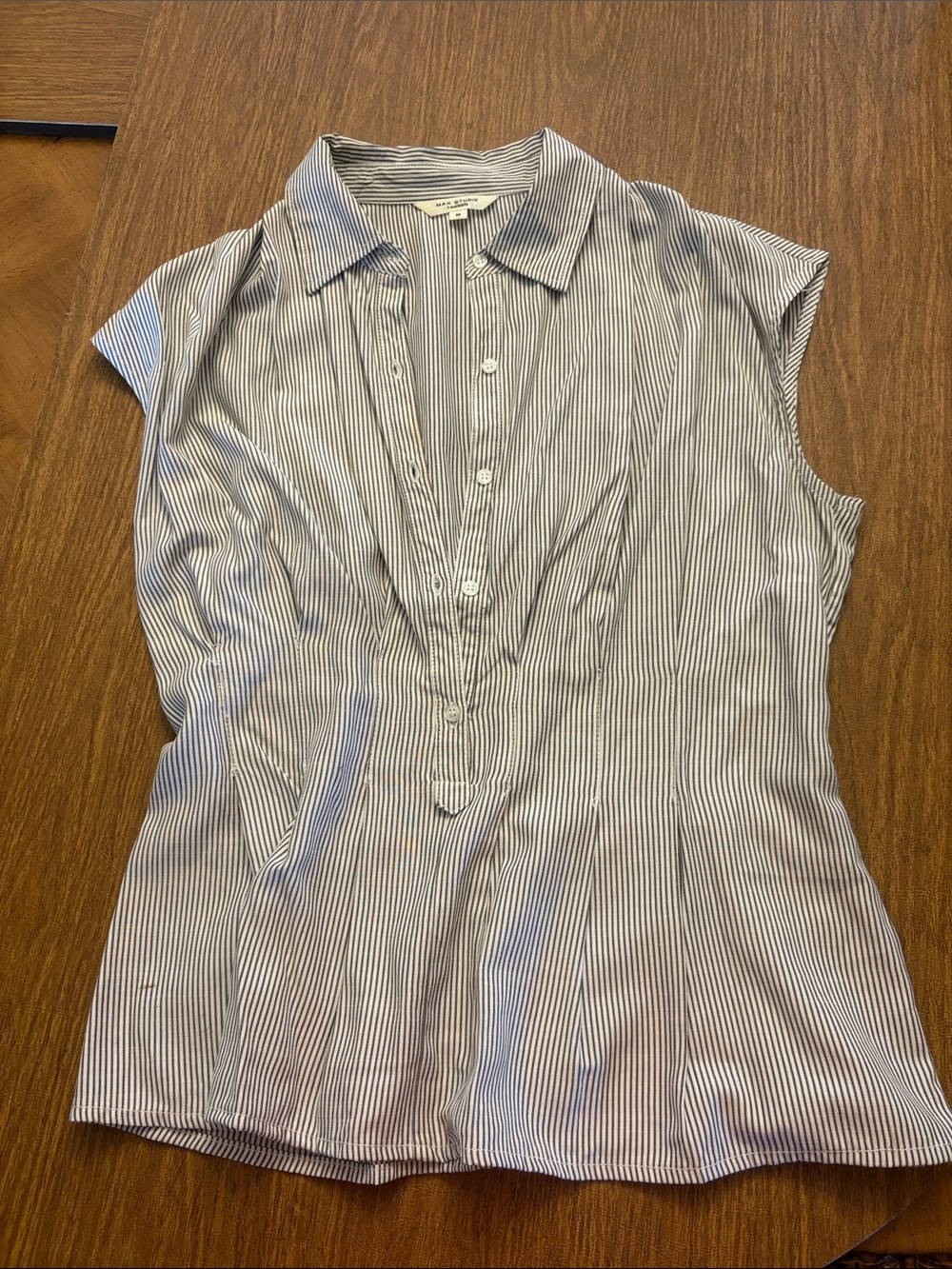Max Studio Navy & White Pinstripe Cap Sleeve Button-Front Top